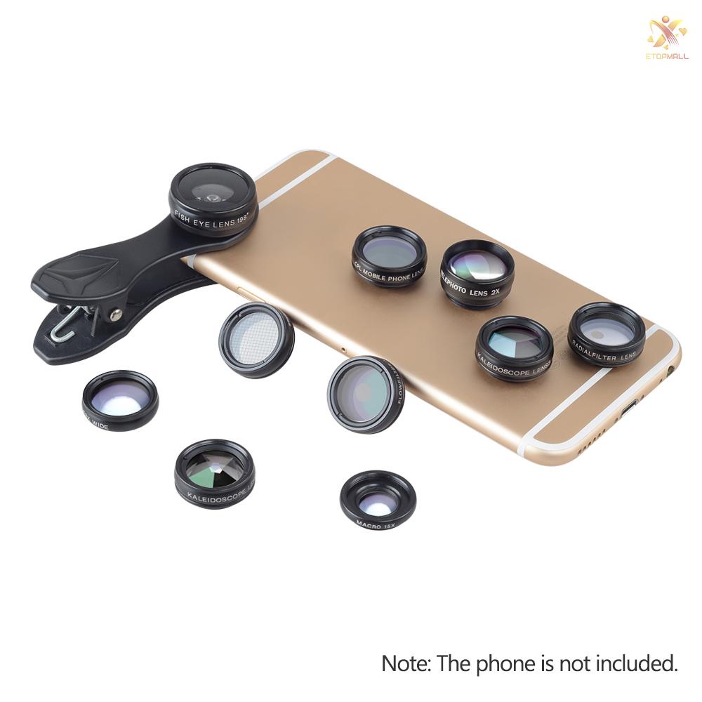 ET APEXEL 10 in 1 Phone Camera Lens Kit with 0.63X Wide Angle + 15X Macro + 198°Fisheye + 2X Telephoto + CPL + Star Filter + Radial Filter + Flow Filter + Kaleidoscope 3 + Kaleidoscope 6 Compatible with Android