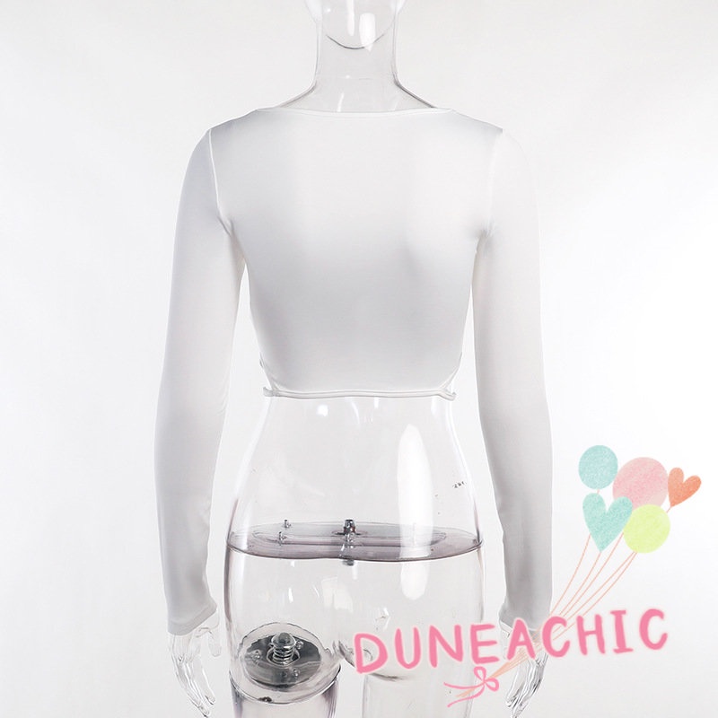 DUNEA Áo Croptop Tay Dài Cổ Vuông Màu Trơn Thời Trang Cho Nữ