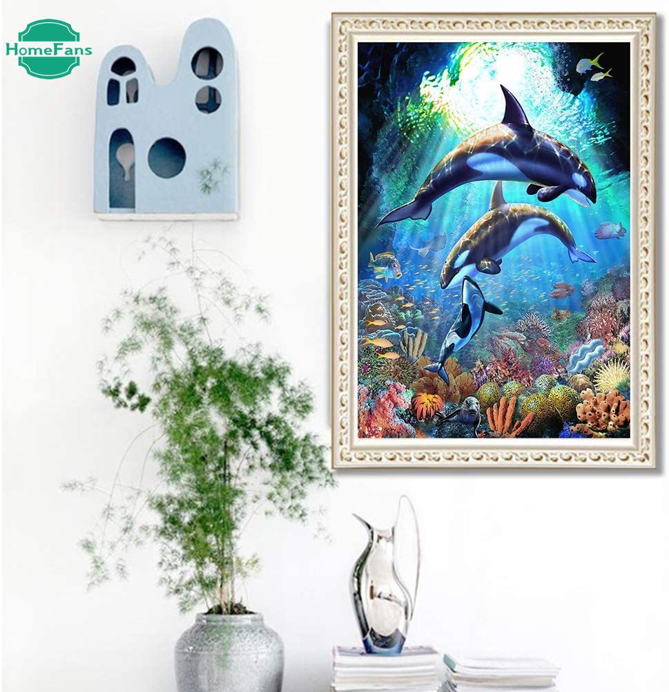 Bộ tranh đính đá 5D họa tiết cá heo độc đáo kích thước 30 &quot;x 40&quot; dùng trang trí nhà cửa