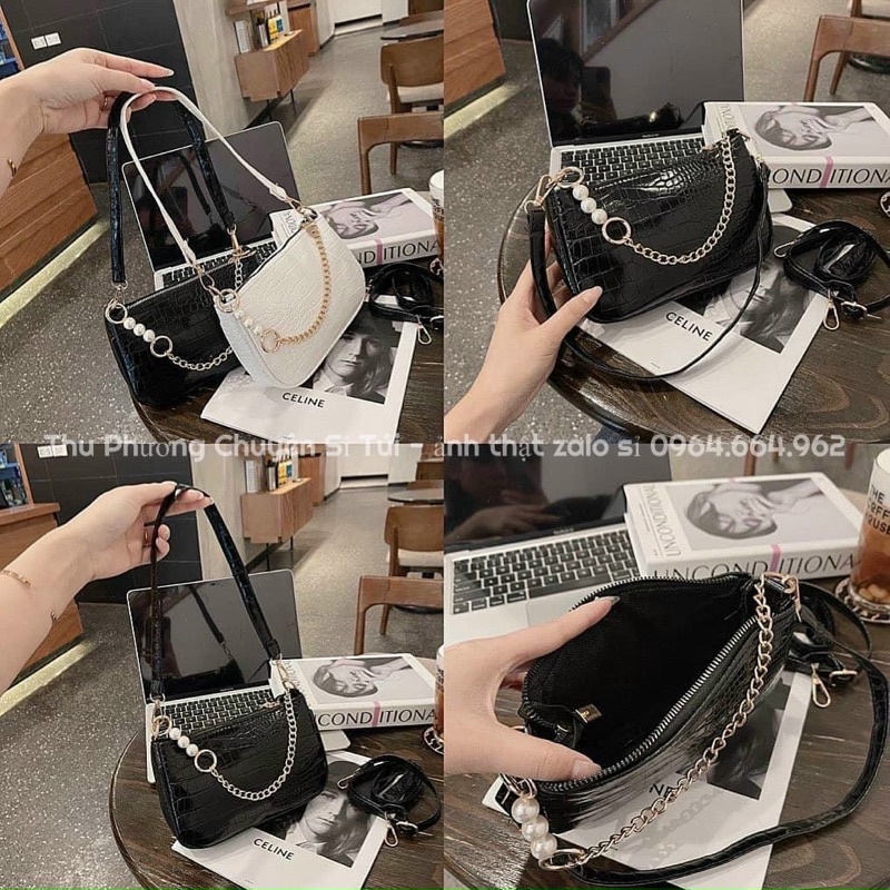 Túi đeo vai, kẹp nách 3 ngọc phối xích, kèm 2 dây đeo chất da đẹp cao cấp để vừa điện thoại
