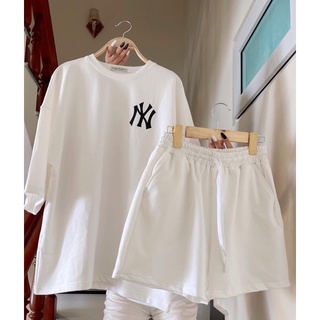 Set áo phông quần short đùi nam nữ in hình YN🌸Bộ cộc tay from rộng ulzzang trơn basic🌸 Set thun unisex dạo phố