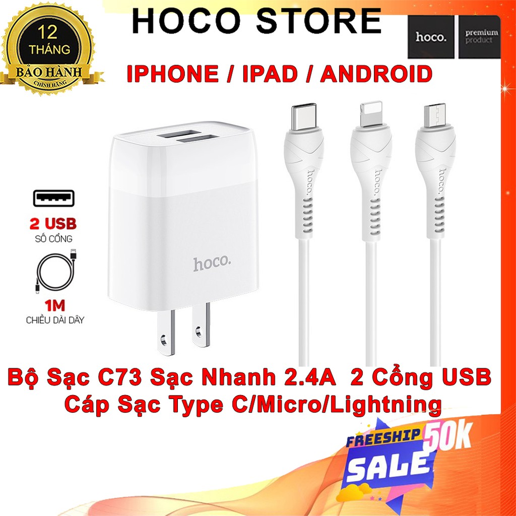 Bộ Cốc Cáp Sạc Nhanh 2 Cổng HOCO C73 2.4A 12W Type C Micro USB cho IP tablet Android