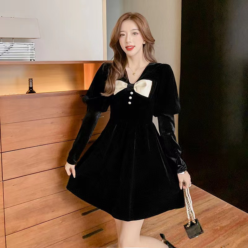 Đầm Nhung Dự Tiệc Phối Nơ Phong Cách Hàn Quốc Mới