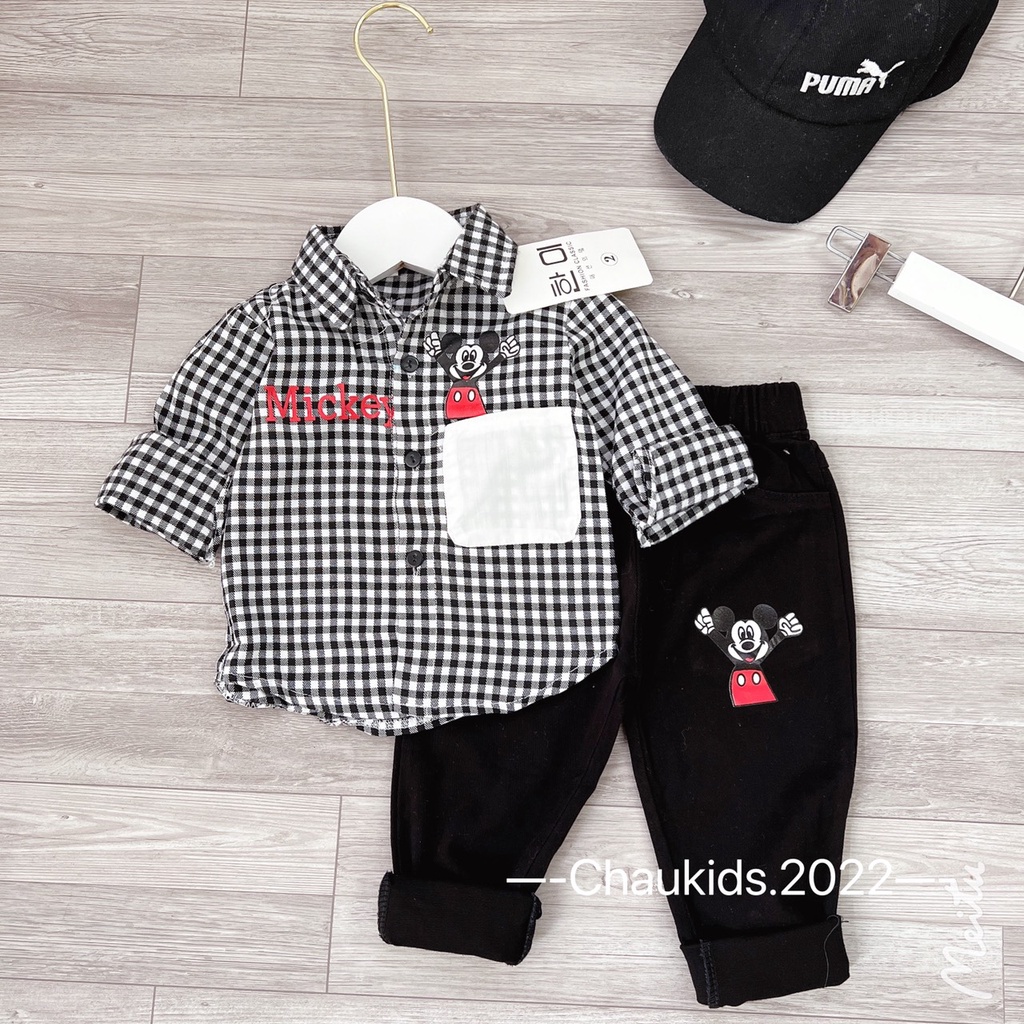 Bộ sơ mi in mickey áo đỏ bé trai