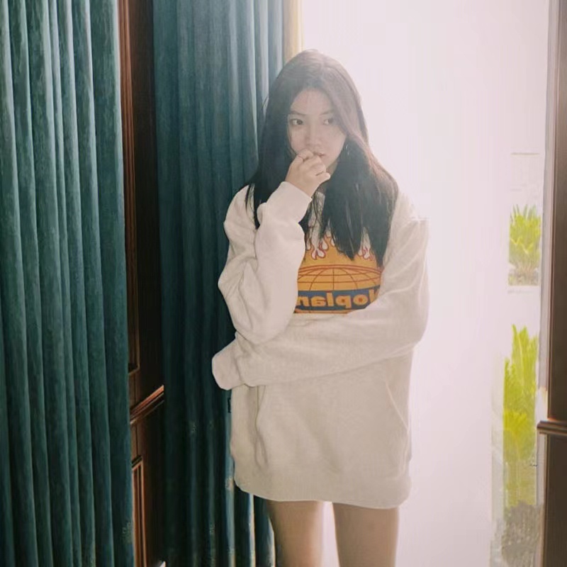 ZHELIHANGFEI Áo Hoodie Tay Dài Form Rộng Họa Tiết Ngọn Lửa