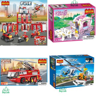 Bộ đồ chơi lắp ghép cogo xe cứu hỏa thành phố ngựa kéo xe