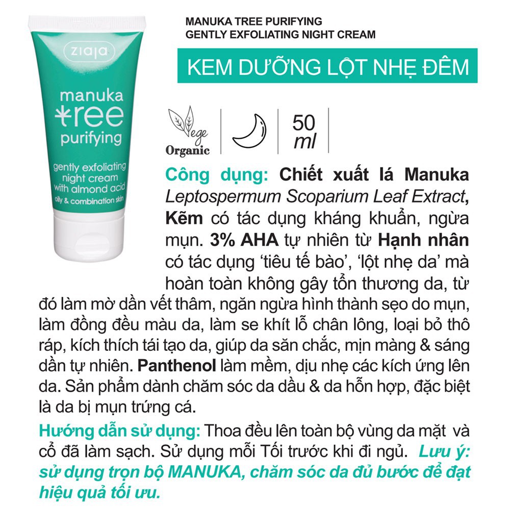 Kem dưỡng da ban đêm giảm thâm tẩy da chết dưỡng da làm se khít lỗ chân lông tái tạo da Manuka Night Cream 50ml