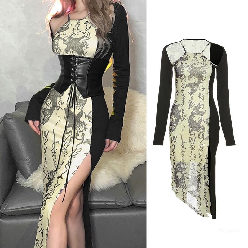 Đai corset / Đầm ôm dáng dài tay hở vai họa tiết cá chép phong cách quyến rũ thời trang cho nữ