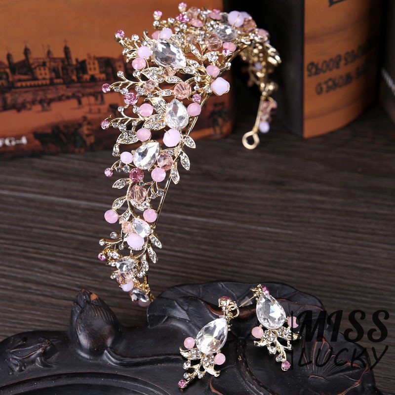 Set 1 vương miện + 1 đôi khuyên tai nữ đính đá thời trang