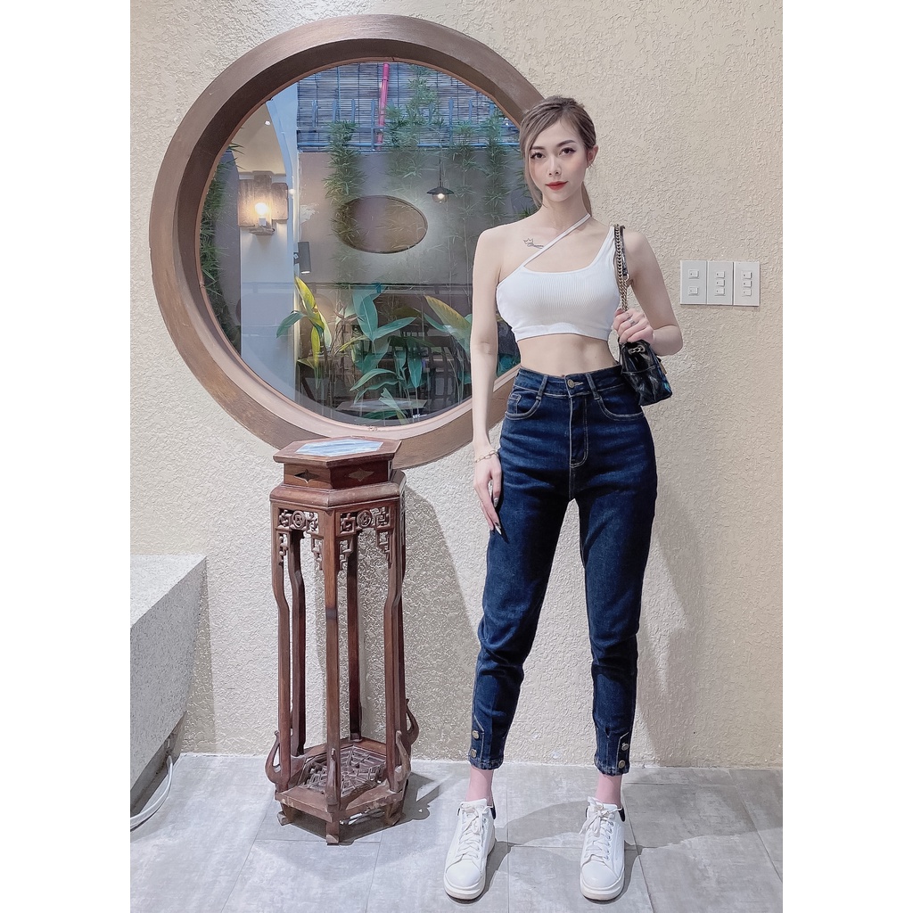 Quần baggy bò nữ cạp lưng cao thon dáng, Quần jeans nữ chiết gấu đính 2 cúc sang trọng M65196