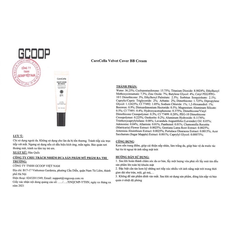 Kem Nền Trang Điểm CareCella Velvet Cover BB Cream 50ml