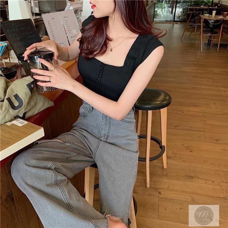 áo len dệt kim tay hến cổ vuông mix hàng khuy (1030#)