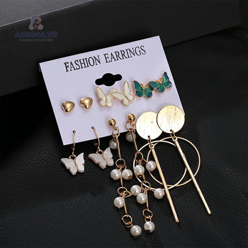 ✨✨Bộ Khuyên Tai Hình Học Chữ C Đính Ngọc Trai Đơn Giản