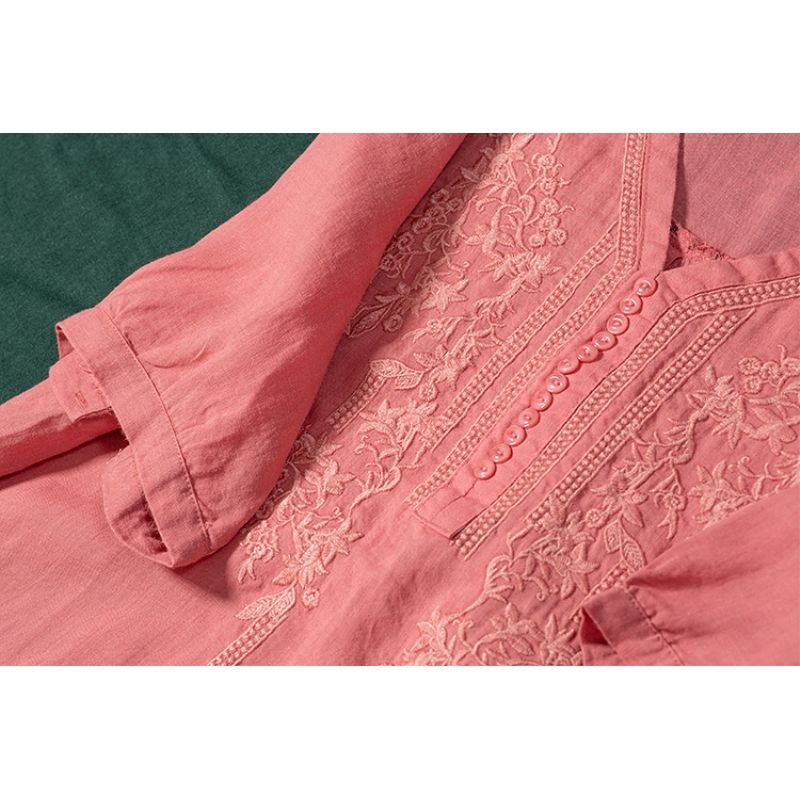Ice  Vintage Embroidery Loose-Fitting V-neck Top Summer Clothing New Short Sleeve Embroidery plus Size Women's Blouse