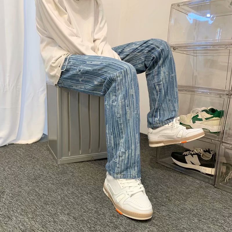 Quần jean nam dáng dài ống suông rộng họa tiết kẻ sọc phong cách retro thường ngày