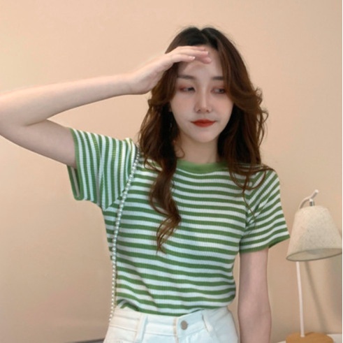 Áo thun nữ cổ tròn ngắn tay họa tiết kẻ sọc 8 màu thời trang 2022