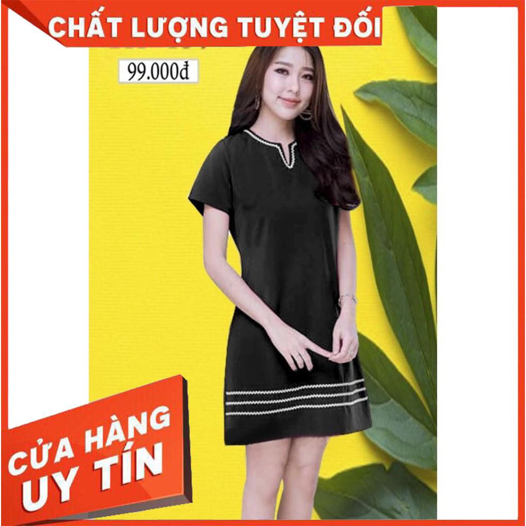 ĐẦM ÔM DÁNG XÒE KẺ NGANG 3 SỌC TRẮNG CỔ XẺ TAY NGẮN - XƯỞNG MAY 99K