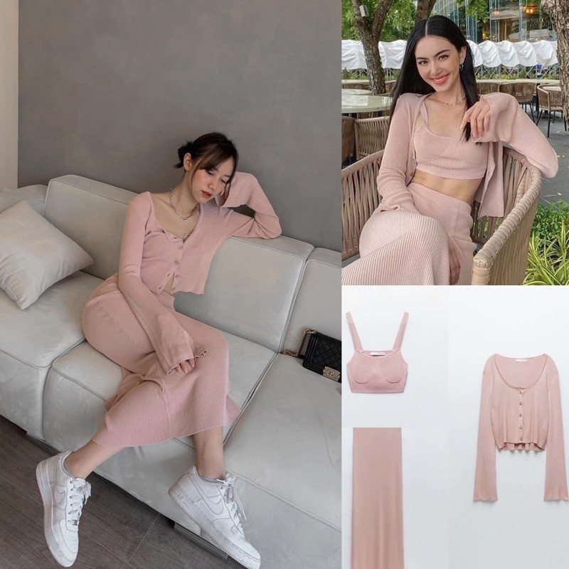 [ORDER-ẢNH THẬT ] Set áo 2 dây/ cardigan/ chân váy len Zara xuất