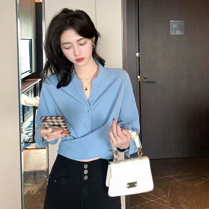 Áo Kiểu BH Tay Dài Cổ Chữ V Màu Trơn Phong Cách Hàn Quốc Cho Nữ Màu Sắc