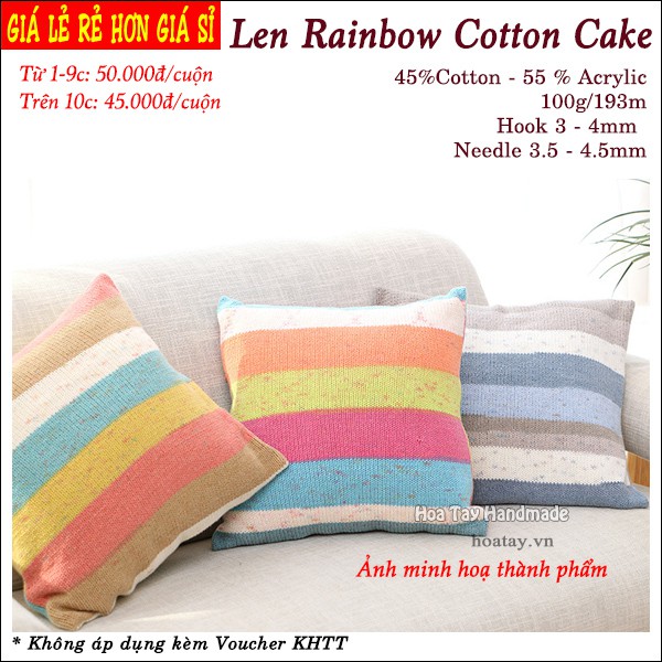 Len Rainbow Cotton Cake- Len đan móc khăn, nón Bảng màu 17 đến 28