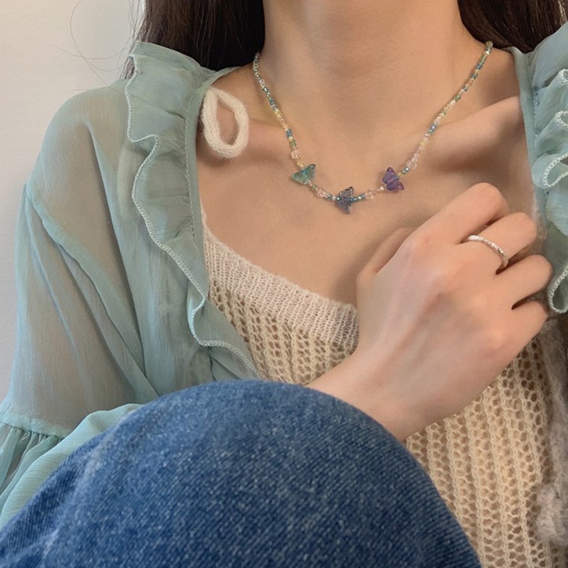 Vòng cổ Chuỗi Hạt Pha Lê Xanh Dương Handmade Mặt Bướm
