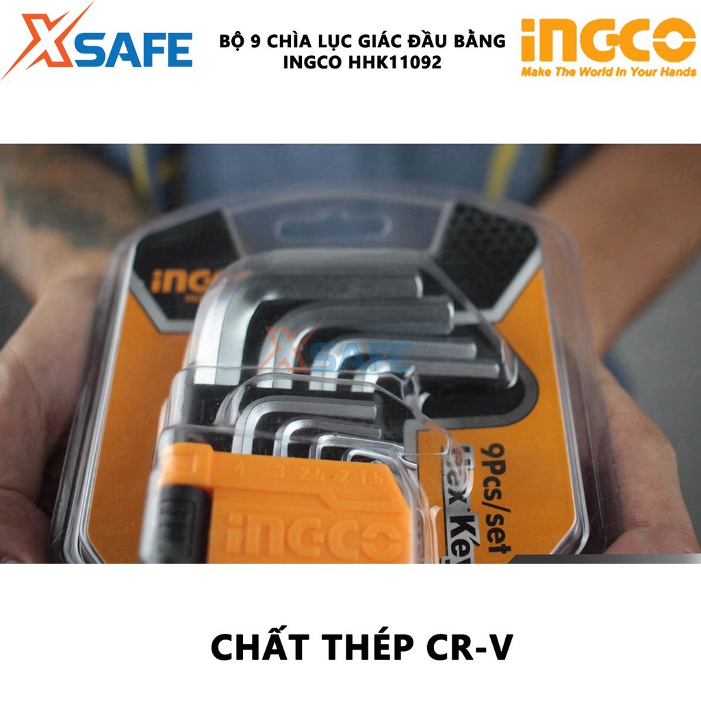 Bộ 9 chìa lục giác đầu bằng INGCO HHK11092 Bộ lục giác 9 chi tiết thép CR-V, size 1.5-10mm, chịu nhiệt mạ thép chrome