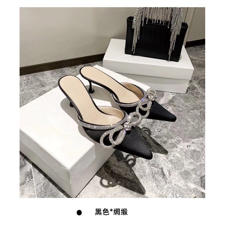 Giày Cao Gót Nữ Đen 5 Phân Mũi Nhọn Đính Nơ Sang Chảnh