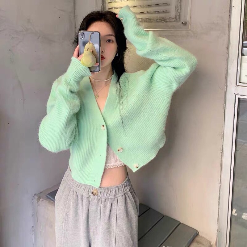 [ÁO CROPTOP LEN DÀI TAY CỔ V CÓ CÚC PHONG CÁCH ULZZANG]