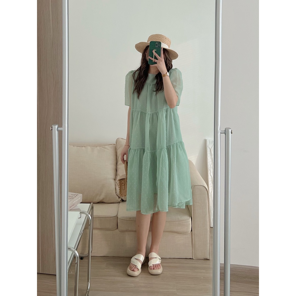 Đầm váy babydoll dáng dài ba tầng hạt nổi chất voan tơ đẹp nhẹ nhàng tiểu thư