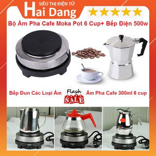 Bộ Ấm Pha Cafe, Combo Ấm Cafe Moka Pot Moka 300ml ( 6 Cup ) Và Bếp Điện Mini 500W Đun Các Loại Ấm