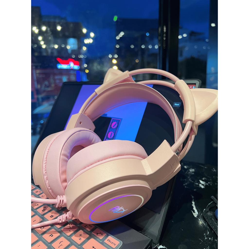 Tai Nghe Gaming Có Dây Có Tai Mèo Tháo Rời Cực Dễ Thương - Có Đèn Led RGB,Âm Thanh Nghe To Rõ, Bass Cực Hay