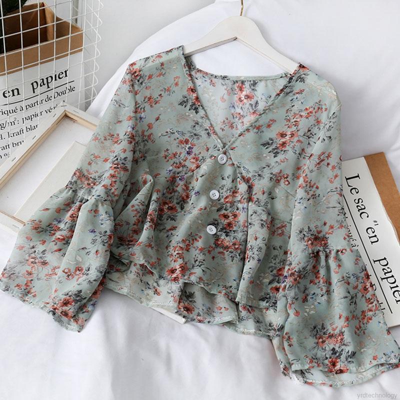 Áo kiểu chất chiffon tay dài hoạ tiết hoa thiết kế cổ chữ V nữ tính chất lượng cao