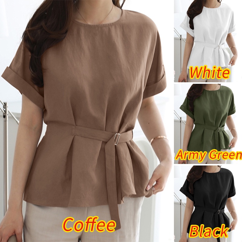 Áo thun nữ ZANZEA tay ngắn cổ tròn dáng rộng cột dây thời trang