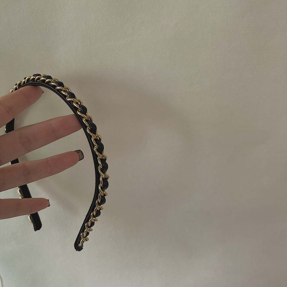 Cài tóc da pu phối dây xích kim loại màu đen phong cách Hàn Quốc dễ thương cho nữ