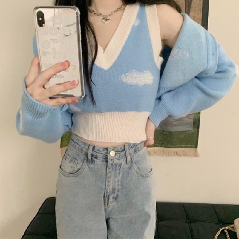 Set áo ba lỗ croptop len in hình mây kèm áo khoác cardigan len tay dài - Order taobao quảng châu