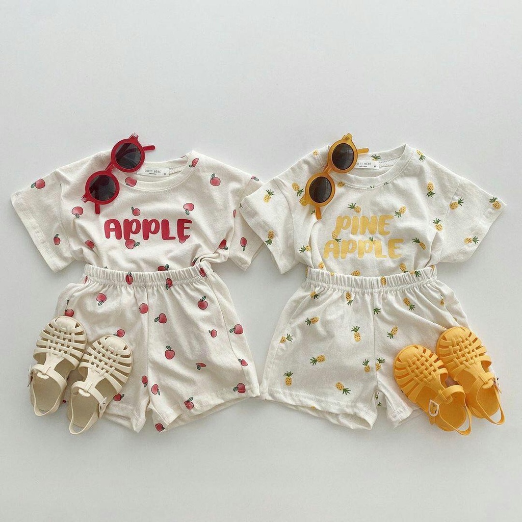 Bộ Áo Thun Cộc Tay In Hình Trái Cây + Quần Short Cotton Cho Bé