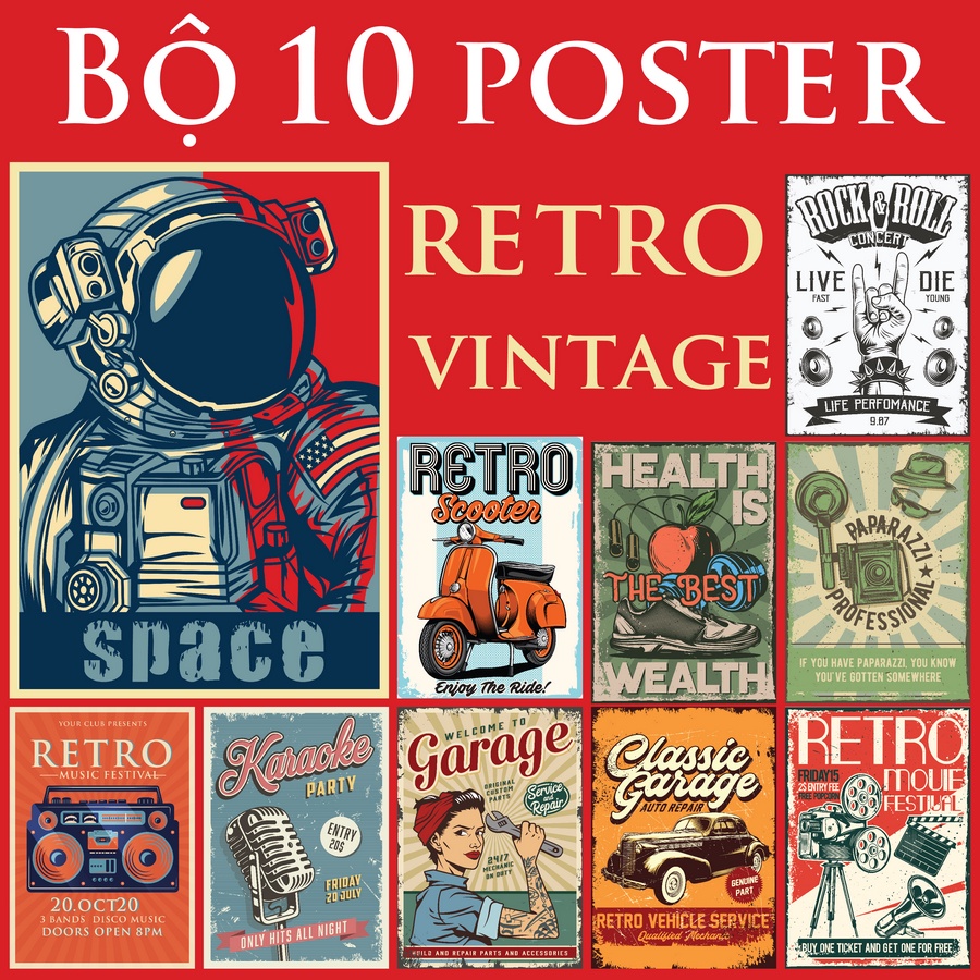 Bộ 10 tấm poster vintage trang trí, lột dán, áp phích retro dán tường khổ a4 thiết kế cổ điển Phần 1