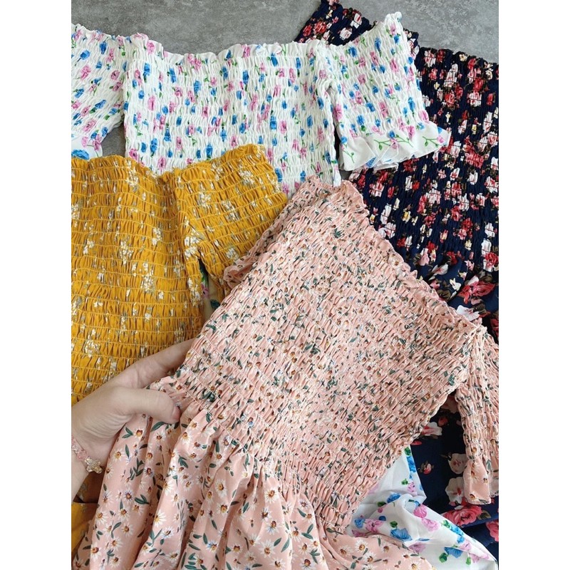 đầm trễ vai hoa nhí may nhún xoè bồng kx