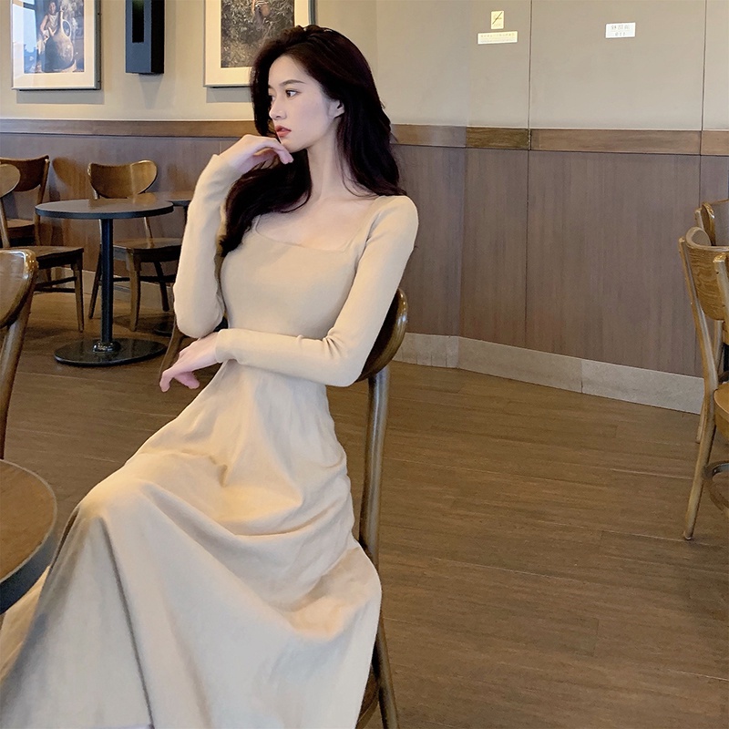 SUXI Đầm midi dệt kim tay dài cổ vuông dáng chữ A thiết kế thời trang mùa thu dành cho nữ