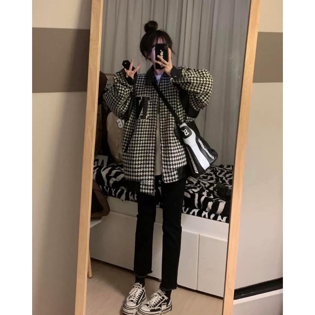 Áo dạ kẻ phối da siêu xinh