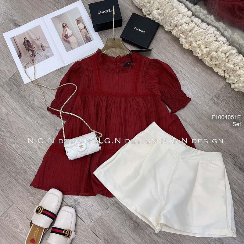 Set jean quần short áo tay ngắn cổ tròn viền hồng hình gấu đáng yêu 2907