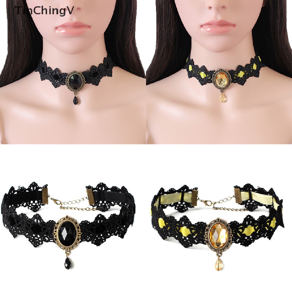 Vòng Cổ Choker Dây Nhung Đen Đính Đá Pha Lê Phong Cách Gothic Cổ Điển