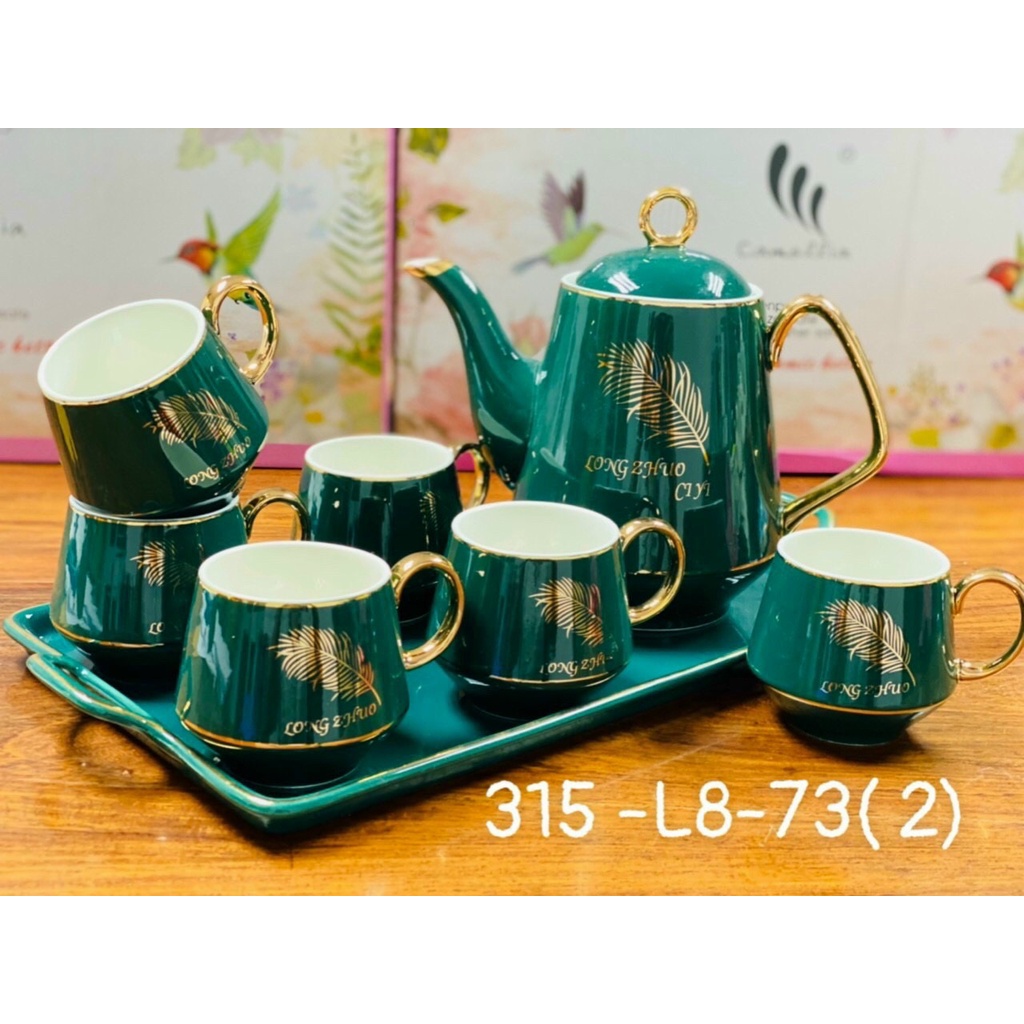 Bộ ấm chén sứ xanh cổ vịt lá đuôi công (kèm khay) HOL-01