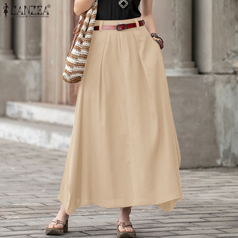 Chân váy ZANZEA dài lưng cao màu trơn thời trang vintage cho nữ