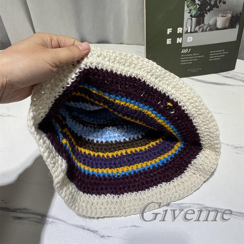 GIVEME-Women Crochet Bucket Hat, Stripe/Stripe-Flower Hollow-Out Fisherman Hats, Ladies Bohemian Beach Head Wear
