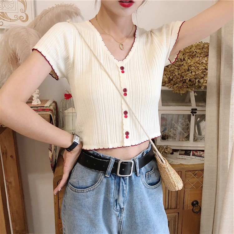 Áo dệt kim thời trang thiết kế tay ngắn cổ chữ v có size 38-60kg dành cho nữ