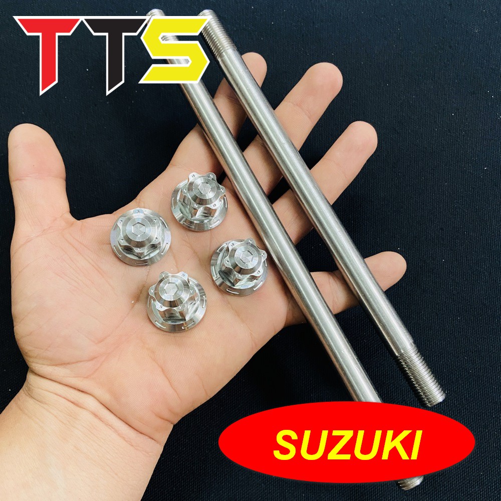 CỐT TRỤC BÁNH SALAYA KÈM TÁN TRƯỚC SAU CHO CÁC XE SATRIA Fi, RAIDER Fi ( BAO SÁNG BÓNG )