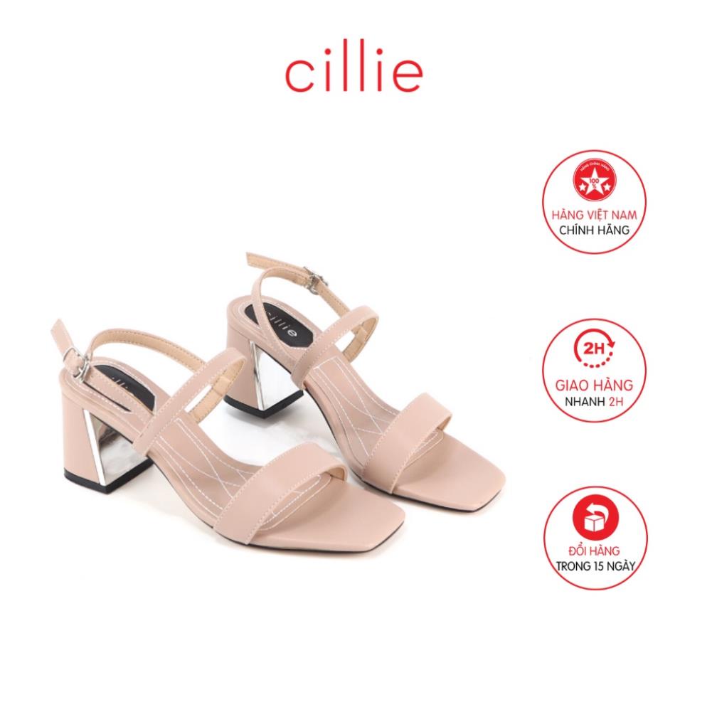 Giày sandal cao gót nữ mũi vuông thời trang phối gót xéo tráng gương độc lạ cao 5cm Cillie LaT