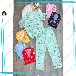 Đồ Bộ Ngủ Pijama Mặc Nhà Áo Tay Ngắn Quần Dài Vải Satin Cao Cấp Ice Cream cute chibi