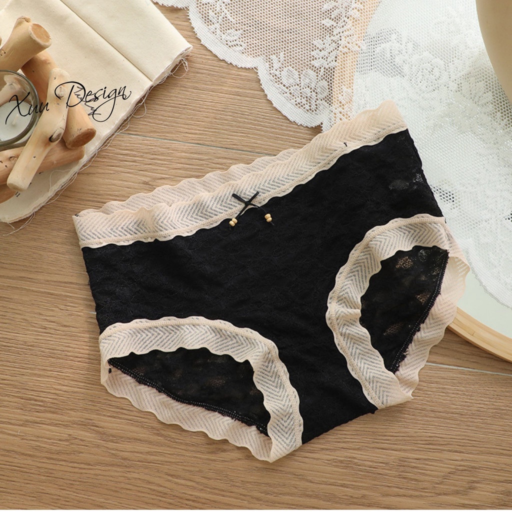 Quần lót nữ ren gấm cao cấp XUU, thiết kế viền lượn sóng phối nơ QC78